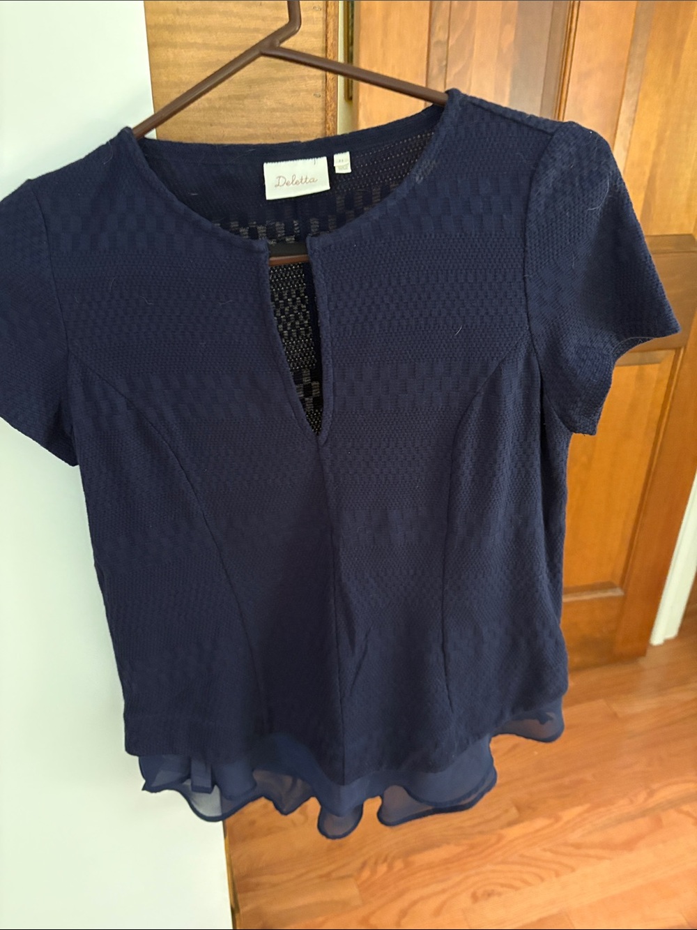 Anthropologie Navy Textured Short Sleeve Peplum Blouse